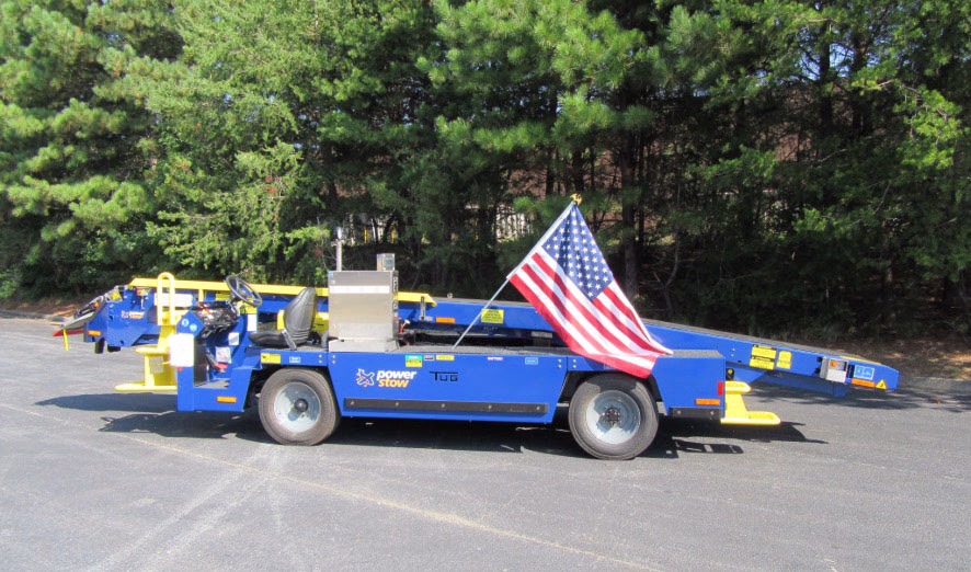Power Stow belt loader with conveyor belt system branded for American Airlines – advanced GSE airport equipment for efficient baggage handling
