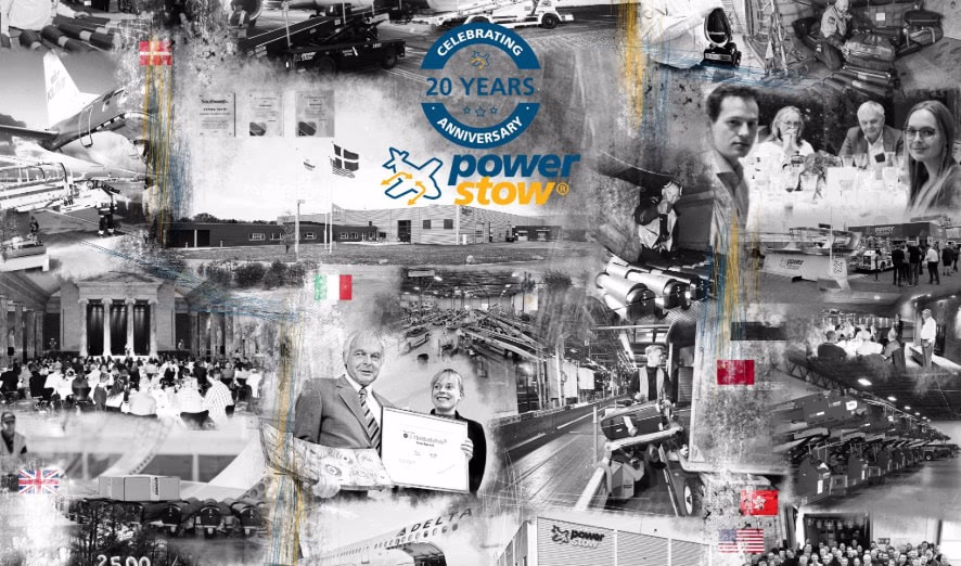 Power Stow 20th anniversary collage celebrating two decades of innovation in belt loaders, conveyor belt technology, and GSE solutions for airport baggage handling